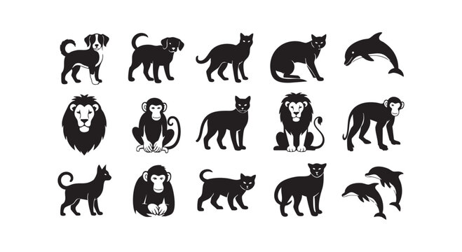 Black silhouette icons of animals featuring domestic pets wildlife monkeys lions and dolphins for graphic designs.