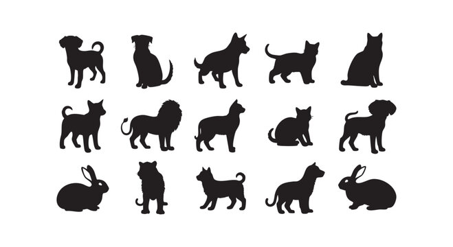 Black silhouette icons of animals like dogs cats rabbits and lions displayed in a collection of flat illustrations.
