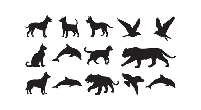Black silhouette set of birds dogs cats tigers and dolphins in various poses for nature and wildlife design compositions.
