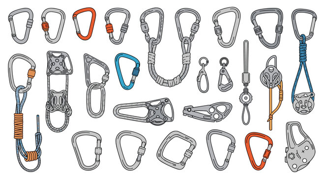 Extensive collection of professional climbing equipment including carabiners, rope, pulleys, and safety gear.