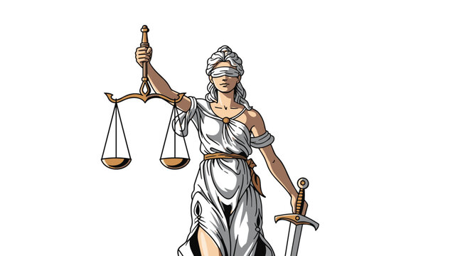Classic cartoon illustration of Lady Justice holding a golden scale and a sword while wearing a white blindfold.