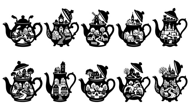 Set of teapots with miniature village landscapes inside, creative silhouette illustrations of cozy houses, buildings, and nature scenes, vector collection for design and decoration