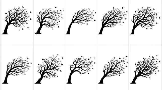 Set of silhouettes of trees with butterflies blowing in the wind