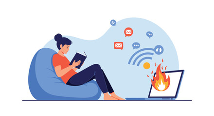 Obraz premium Young woman sits comfortably in a bean bag chair reading a physical book while ignoring her laptop on fire with digital notifications.