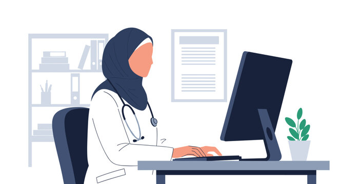 Professional Muslim female doctor wearing a dark hijab and white lab coat working on her computer at her desk.