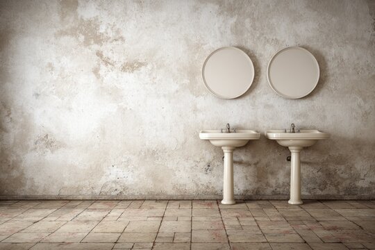 Two sinks and round mirrors on textured wall with tiled floor.
