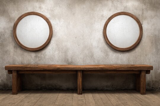 Two circular mirrors hang above a rustic wooden bench on a textured wall.