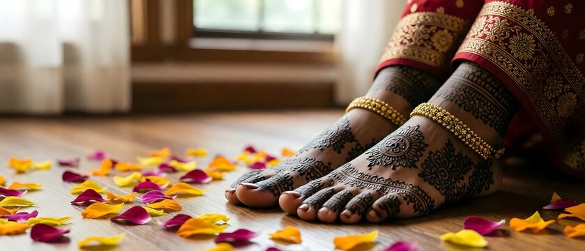 Close up of Indian bride feet decorated with intricate henna patterns and gold anklets.