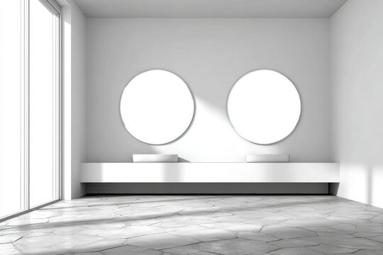 Minimalist modern bathroom with dual sinks and circular mirrors.
