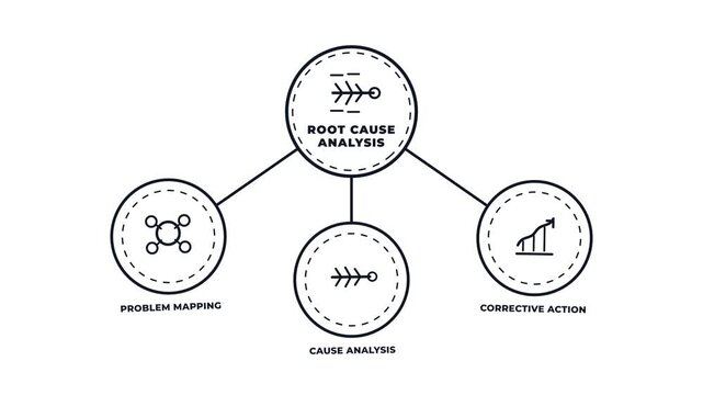 Root cause analysis diagram concept with line icons animation. Problem mapping. Cause analysis. Corrective action. Motion graphics