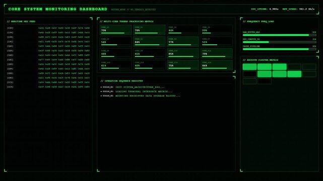 Core System Monitoring Dashboard Multicore CPU Processing Animation Green Screen.