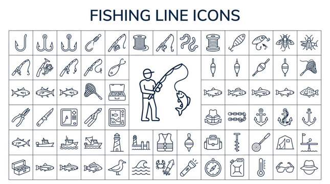 Set of fishing line icons, vector illustration of fishing equipment and accessories