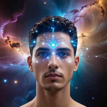 A self-aware mind expressing its intricate cosmic connections; an enlightened consciousness manifesting universal energy and spiritual awakening within an expanding universe