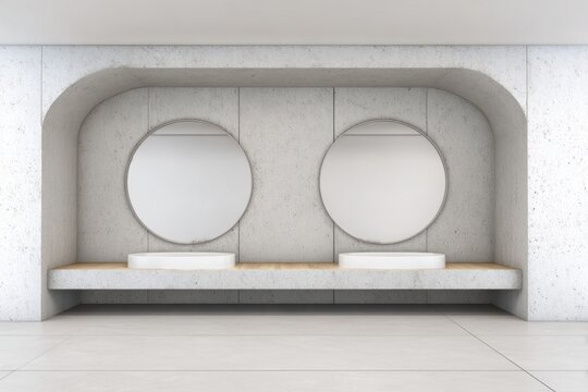 Minimalist bathroom with twin round mirrors and vessel sinks.