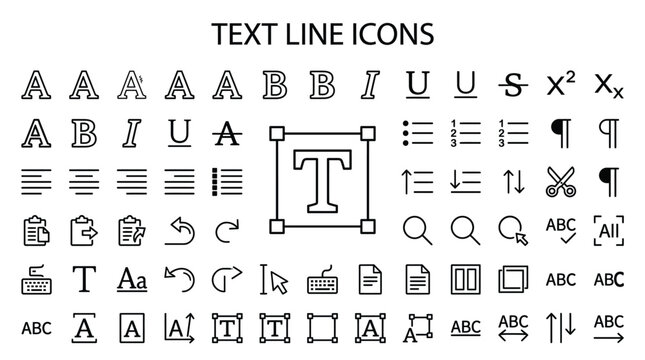 Set of text line icons, typography and text editing symbols, vector illustration