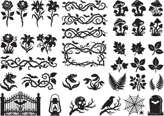Obraz premium Premium Halloween Haunted Garden Collection Silhouette Bundle Featuring Flowers Vines Mushrooms And Gothic Nature Assets