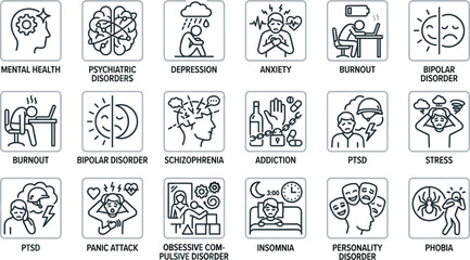 Fototapeta premium Set of mental health and psychiatric disorder icons with simple illustrations