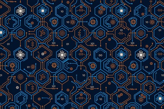 Dark blue background, with a repeating, pattern of hexagonal, circuit board binary, code, microchips, and, gear in orange, and blue