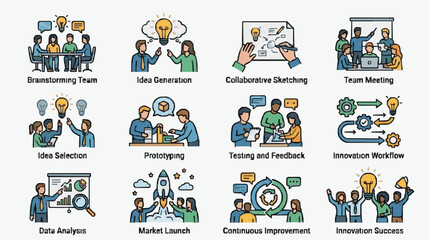 Fototapeta premium Elegant Illustrated Guide to Collaborative Innovation Process with Diverse Teams Lightbulbs and Workflow Diagrams