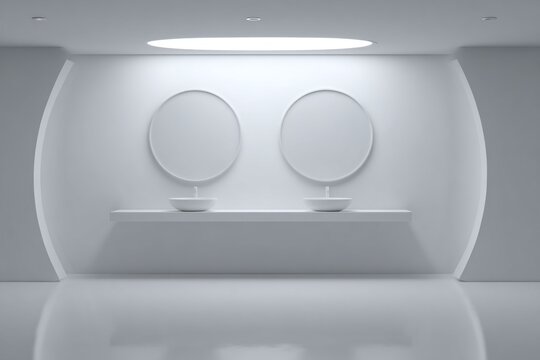 Minimalist bathroom with twin sinks and round mirrors under soft light.