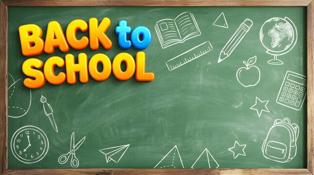 Back to school concept with educational icons on green chalkboard background