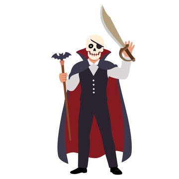 pirate skull character holding bat staff halloween day celebration
