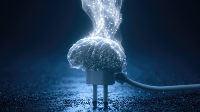 Glowing brain with electrical plug and smoke emanates energy and ideas