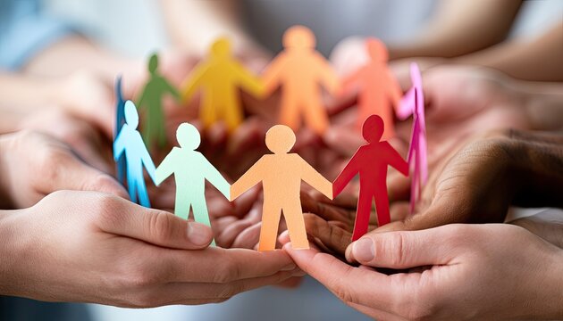 Diverse hands cradle a vibrant circle of paper people, symbolizing unity