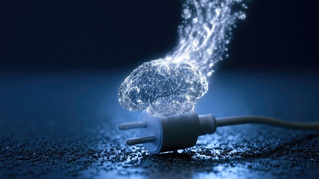 Glowing brain powered by electrical plug on dark, textured surface