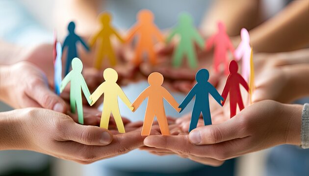 Diverse paper figures form a circle held by caring hands