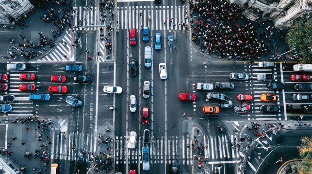 Busy intersection viewed from above with cars and pedestrians