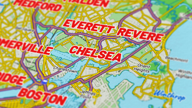Macro View of Chelsea Massachusetts Map Showing Detailed Streets, Roads, and Geographic Layout
