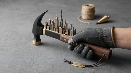 Gloved hand holding hammer with miniature city skyline concept for international workers day celebration on a grey concrete surface with craft tools