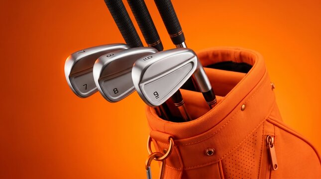Professional golf irons numbered seven eight and nine stored in a bright orange golf bag against a matching background for a vibrant sports equipment display