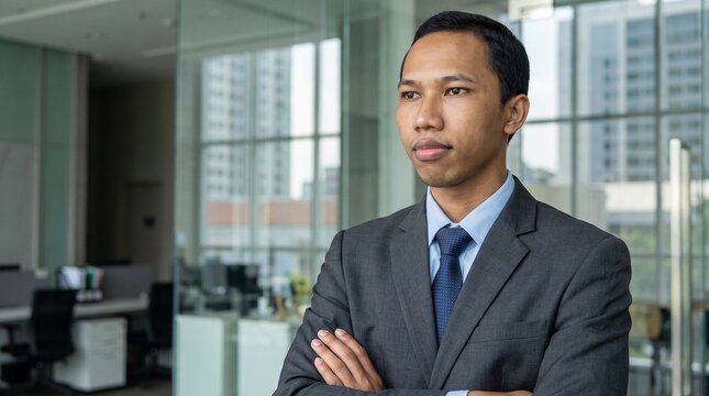 Happy 30 years old professional banker business owner man manager, smiling senior male ceo executive, young corporate leader looking away standing arms crossed in office at work.