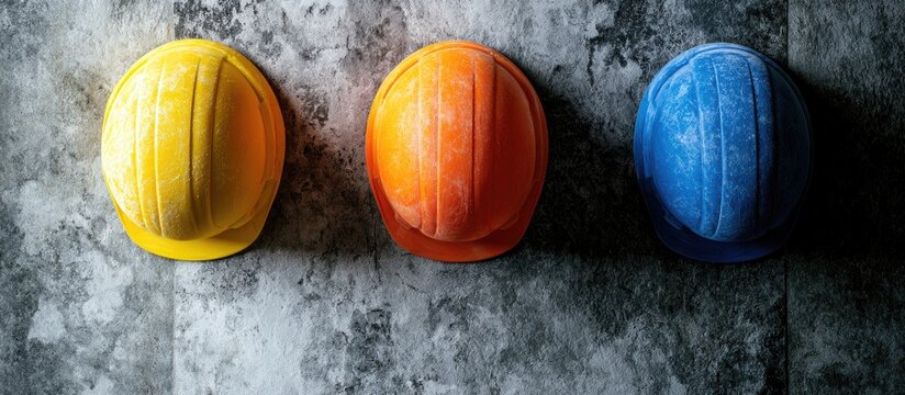 Three colorful safety helmets in yellow, orange, and blue arranged on a textured gray surface