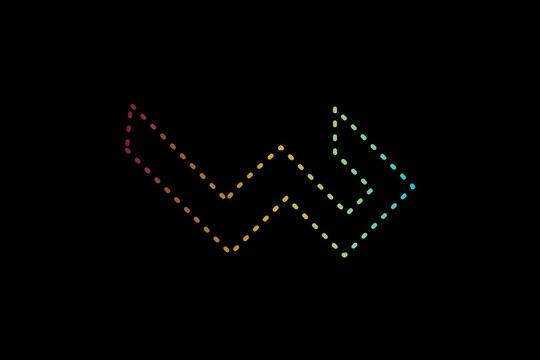 Abstract Dashed Line Letter W Arrow Logo Icon, Neon Geometric Zigzag Graph Path on Black Background