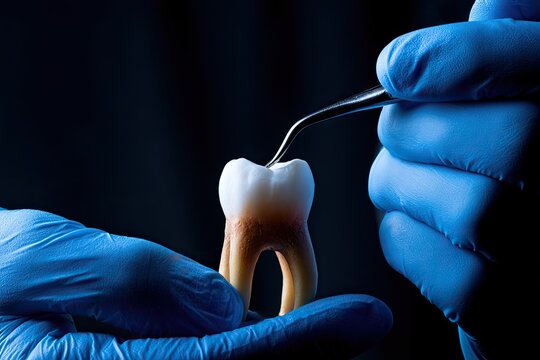 Dentist's gloved hands examine tooth with probe, dark background