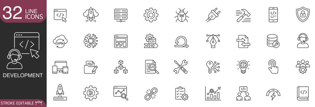 Web development and software programming line icon vector set, featuring concepts of coding, DevOps, cloud computing, cybersecurity, database management, and agile workflow with editable stroke.
