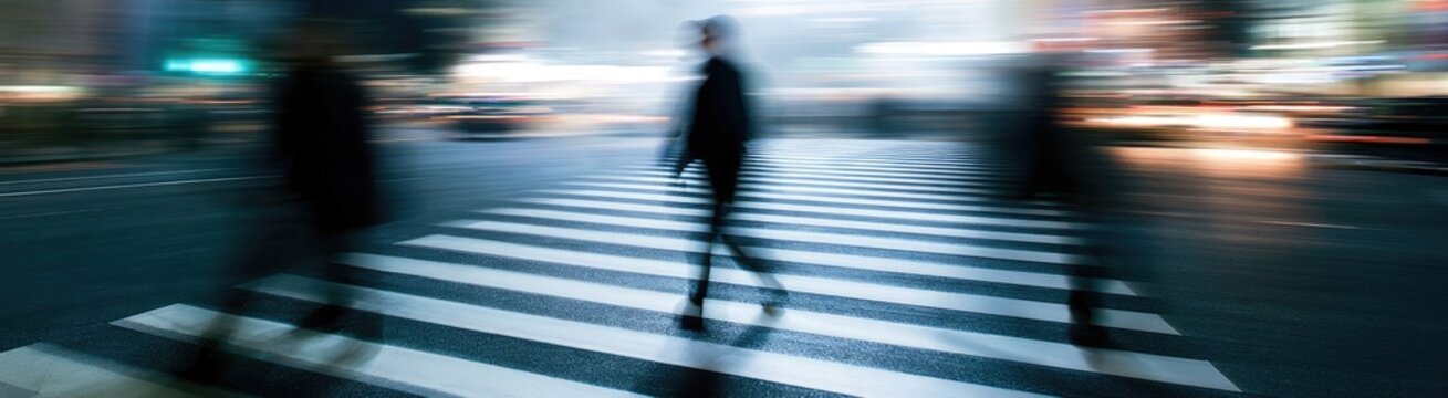Blurred figures cross a busy city street at night