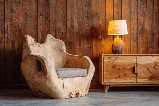 Natural wood furniture arrangement showcases rustic armchair and cabinet with lamp.