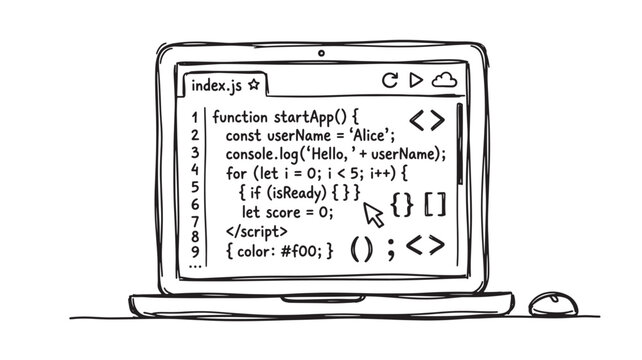 Laptop screen showing JavaScript code editor