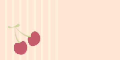 Fresh cherry food raster template with sweet twin berry on branch and stem on striped background with text space. Cute cartoon flat style horizontal layout backdrop for organic product promo, card or  © Лилия Романюк