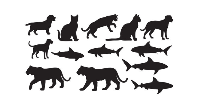 Collection of animal silhouettes featuring dogs cats tigers and sharks on a clean white background.