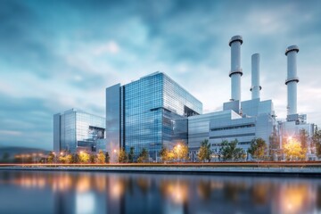 Naklejka premium Modern industrial complex with large chimneys reflects on water at dusk.