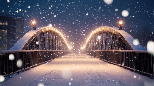 Snowy bridge illuminated by warm lights during a snowfall