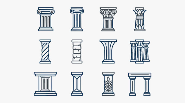 Industrial of Various Classical Column Styles in Monochromatic Blue Line Art with high quality professional line art symbols for modern creative design and digital branding projects