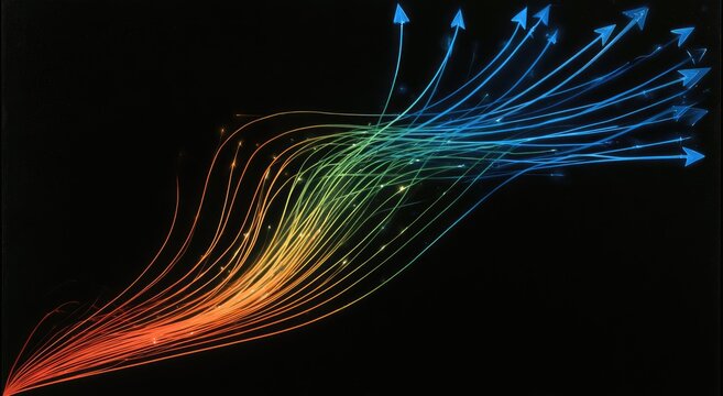 Flowing, luminous lines in spectrum colors diverge from a central point