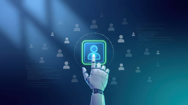 A robotic hand selecting a glowing user icon a group of people on a blue background code