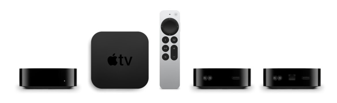 Photorealistic detailed Apple TV 4K with Siri Remote 3rd generation mockup. Real dimentions. Top, front and back views isolated on white background. Vector editorial illustration